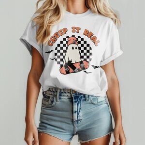 Creep It Real Ghost Halloween Graphic T-Shirt Spooky Pun Costume Tee 17
